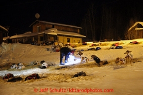 Aliy Zirkle works with her team as they rest during their 24 hour layover at the Tokotna checkpoint just before dawn on Wednesday March 6, 2013.Iditarod Sled Dog Race 2013Photo by Jeff Schultz copyright 2013 DO NOT REPRODUCE WITHOUT PERMISSION