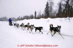 Karin Hendrickson and her team run on the Tokotna River about two miles outside of the checkpoint just before dawn on Wednesday March 6, 2013.Iditarod Sled Dog Race 2013Photo by Jeff Schultz copyright 2013 DO NOT REPRODUCE WITHOUT PERMISSION