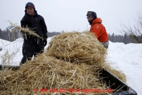 Volunteers Thomas Abraham and Tyler Goods of Takotna gather used straw and haul it off at the Takotna checkpoint Wednesday March 6, 2013.Iditarod Sled Dog Race 2013Photo by Jeff Schultz copyright 2013 DO NOT REPRODUCE WITHOUT PERMISSION