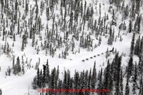 Wednesday  March 7, 2012  Aerial view of Ryne Olson and her dog team enroute from the McGrath to Takotna. Iditarod 2012.