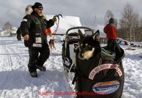 Wednesday March 7, 2012   Scott Jansen 's dog "Malkin" got a ride part of the way over from McGrath to the Takotna checkpoint in the sled caboose.  Iditarod 2012.