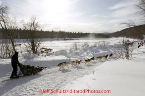 Wednesday March 7, 2012  Lachlan Clarke runs down the road into the Takotna checkpoint Iditarod 2012.