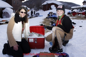 Wednesday March 7, 2012   P-team drug testers Virginia Ruehl (L) and Emma Cantor work at the Takotna checkpoint Iditarod 2012.