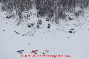 An aerial view shows teams resting at the halfway ghost-town checkpoint of Iditarod on Thursday March 7, 2013.Iditarod Sled Dog Race 2013Photo by Jeff Schultz copyright 2013 DO NOT REPRODUCE WITHOUT PERMISSION