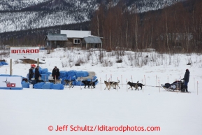 Aaron Burmeister arrives at the halfway checkpoint of Iditarod on Thursday March 7, 2013.Iditarod Sled Dog Race 2013Photo by Jeff Schultz copyright 2013 DO NOT REPRODUCE WITHOUT PERMISSION