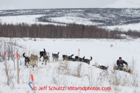 Martin Buser runs up and off the river shortly after leaving the halfway checkpoint of Iditarod on Thursday March 7, 2013.Iditarod Sled Dog Race 2013Photo by Jeff Schultz copyright 2013 DO NOT REPRODUCE WITHOUT PERMISSION