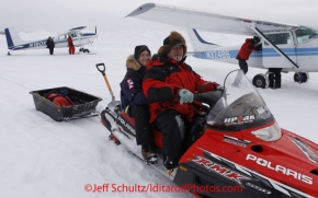 Thursday March, 2012    Takotna volunteer John Rine gives Teacher on the Trail Blyth Froke a ride from the Takotna airport to the checkpoint.   Iditarod 2012.