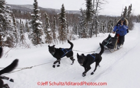 Thursday March, 2012   Martin Buser driving his team while brushing his teeth on the trail between Ophir and Cripple.   Iditarod 2012.