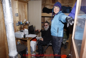 Thursday March, 2012    Ophir communications specialists Jim Pekarek and Katie Kerris inside their small wall-tent haven. .   Iditarod 2012.