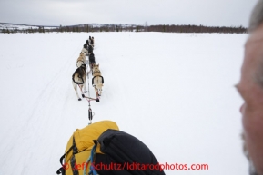 The view from Matt Giblin 's sled on the trail into the halfway checkpoint of Iditarod on Friday March 8, 2013.Iditarod Sled Dog Race 2013Photo by Jeff Schultz copyright 2013 DO NOT REPRODUCE WITHOUT PERMISSION