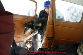 Veterinarian Greg Reppis loads one of several dropped dogs into Jim Kintz' plane at the halfway checkpoint of Iditarod on Friday March 8, 2013.Iditarod Sled Dog Race 2013Photo by Jeff Schultz copyright 2013 DO NOT REPRODUCE WITHOUT PERMISSION