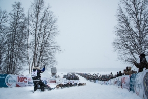 Jessie Royer, vetern from Fairbanks, Alaska takes off with her team for the 2020 Iditarod.