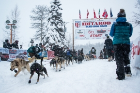 Sean Underwood, rookie from Atlanta, Georgia sets off to Nome with his team of 14 dogs.