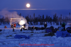 Friday March 9, 2012   Jim Gallea checks in a team as the full moon sets over teams and mushers the half-way checkpoint at Cripple.   Iditarod 2012.