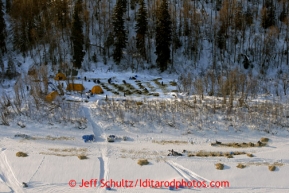 Dog teams rest at the Eagle Island checkpoint can be seen from above on Saturday March 9, 2013.Iditarod Sled Dog Race 2013Photo by Jeff Schultz copyright 2013 DO NOT REPRODUCE WITHOUT PERMISSION