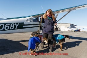 Dropped dog coordinator Tabitha Jones holds on to dropped dogs outside Tim Skala 's airplane at Unalakleet on Sunday, March 9, during the Iditarod Sled Dog Race 2014.PHOTO (c) BY JEFF SCHULTZ/IditarodPhotos.com -- REPRODUCTION PROHIBITED WITHOUT PERMISSION