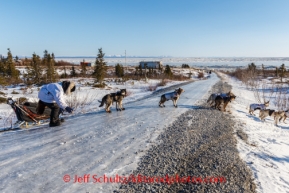 Aliy Zirkle tries to walk on the glare ice road has her team crosses to the trail at Koyuk on Sunday, March 9, during the Iditarod Sled Dog Race 2014.PHOTO (c) BY JEFF SCHULTZ/IditarodPhotos.com -- REPRODUCTION PROHIBITED WITHOUT PERMISSION