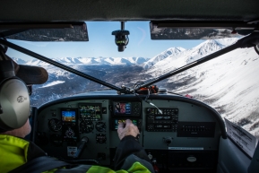 Pilot Jerry Wortley, flying into the Alaska Range, to Rainy Pass, the 4th checkpoint along the Iditarod trail.