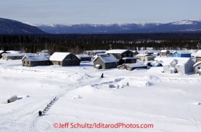 Saturday March 10, 2012  Aerial view of Rick Swenson leaving the Yukon River and approaching the Nulato checkpoint.  Iditarod 2012.