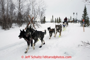 Jodi Bailey runs on the trail into the halfway checkpoint of Iditarod on Friday March 8, 2013.Iditarod Sled Dog Race 2013Photo by Jeff Schultz copyright 2013 DO NOT REPRODUCE WITHOUT PERMISSION