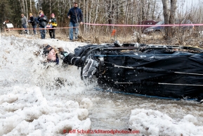 Mike Santos handler takes a spill into a puddle along the bike/ski trail during the cermonial start day of Iditarod 2015 in Anchorage, Alaska. Saturday March 7, 2015(C) Jeff Schultz/SchultzPhoto.com - ALL RIGHTS RESERVED DUPLICATION  PROHIBITED  WITHOUT  PERMISSION