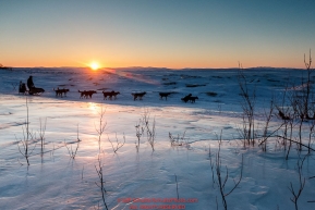 Jeff King runs past an overflow glacier at sunrise as he leaves the Koyuk checkpoint on Monday March 14th during the 2016 Iditarod.  Alaska    Photo by Jeff Schultz (C) 2016  ALL RIGHTS RESERVED