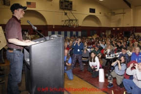 Sunday March 18, 2012   2012 Iditarod Champion Dallas Seavey speaks to the audience at the musher's finisher banquet in Nome after Iditarod 2012.