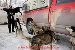 Dog handler Clint Warnke removes one of Bob Bundtzen's dogs for volunteer veterinarians to check in Wasilla Wednesday, Feb. 27, 2013.