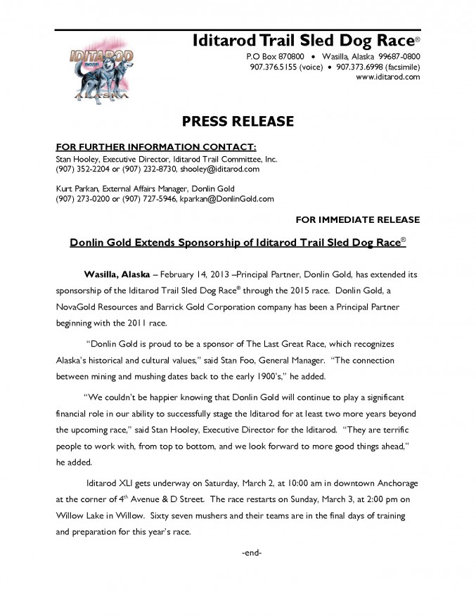2013 IDITAROD PRESS RELEASE - DONLIN GOLD EXTENDS COMMITMENT TO IDITAROD