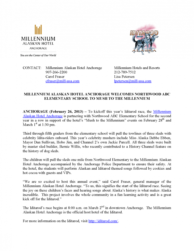 2013 IDITAROD PRESS RELEASE - MUSH TO THE MILLENNIUM EVENT_Page_1