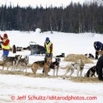 Volunteers look after dogs at Finger Lake checkpoint March 4, 2013.